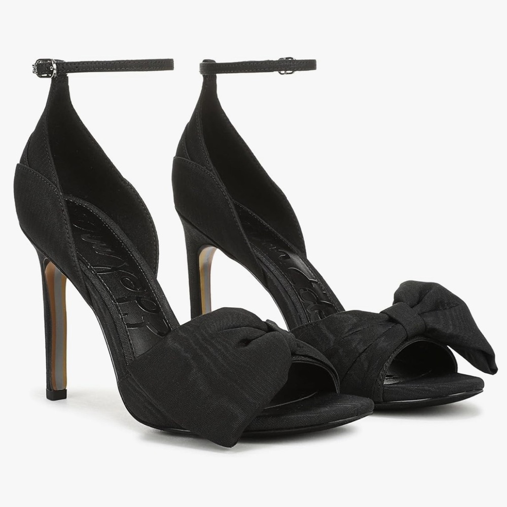 Sam Edelman Black Satin Bow Ankle-Strap Stilettos